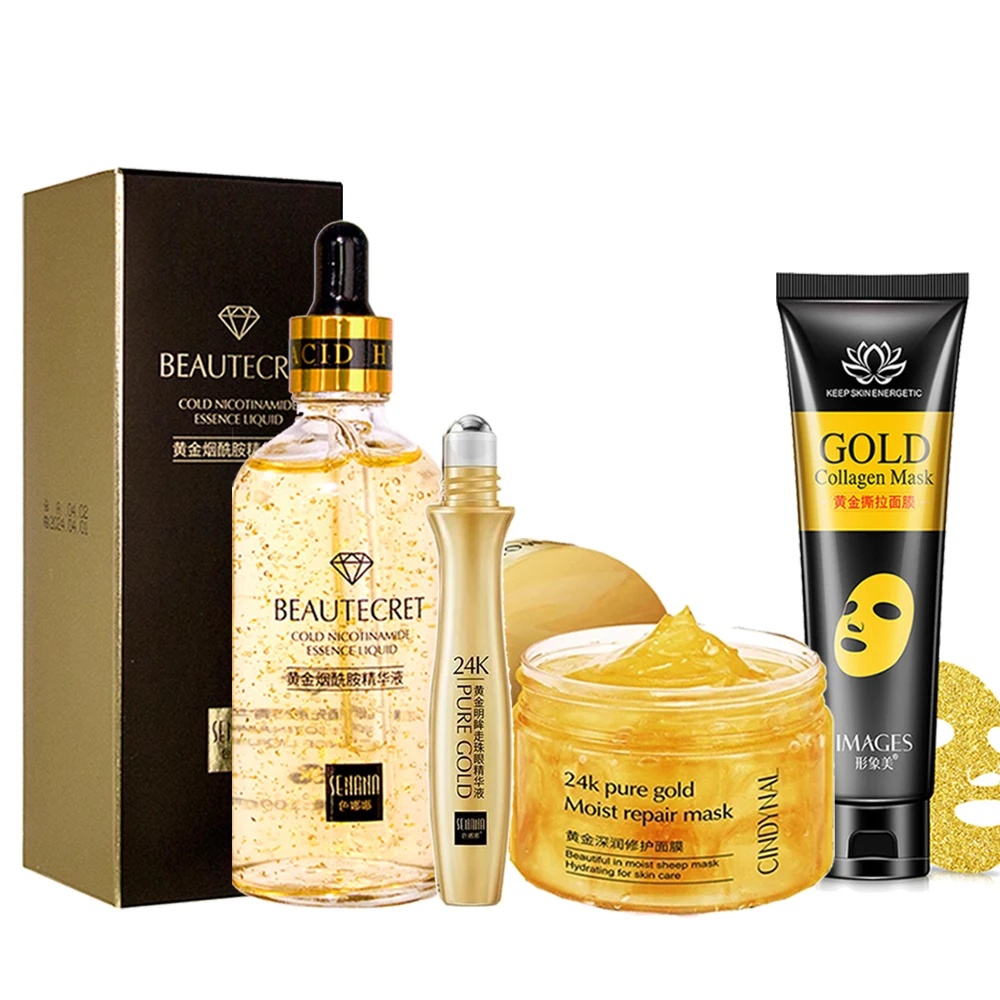 

Hot Sale New Product Facial Skin Care Set Gold Essence Moisturize Acne Sreum Blackhead Mask Repair Sleep Mask Korean Cosmetics