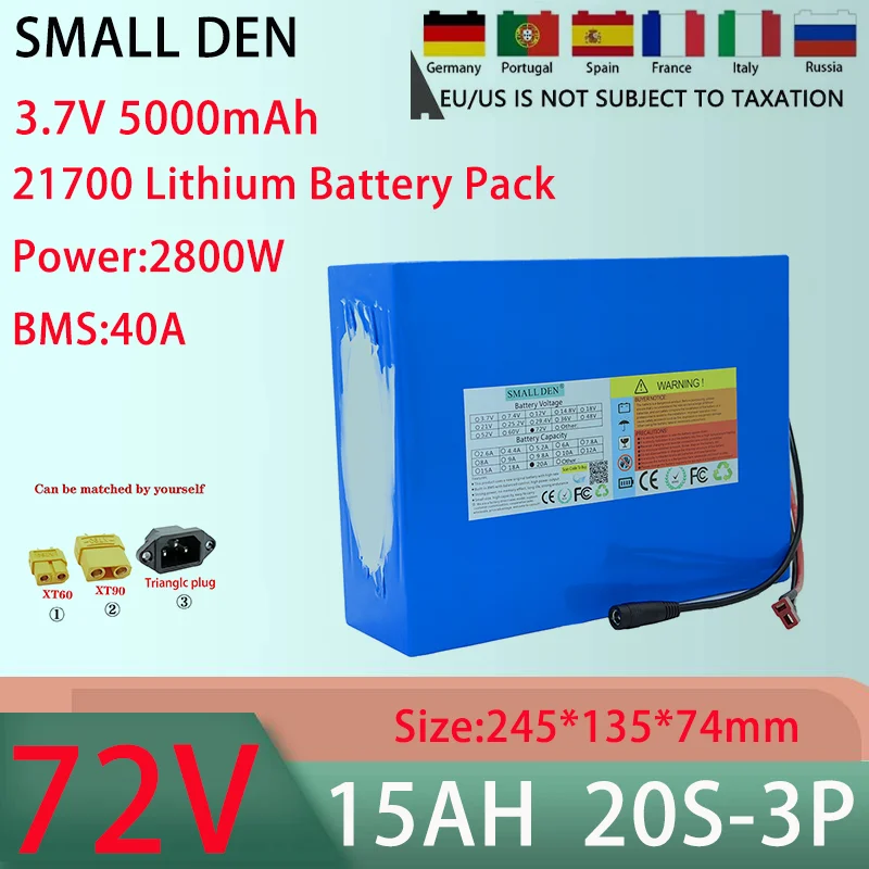 Lithium Battery Pack, 72V, 15AH, 20S3P, 21700, 30A, BMS, 100-2000W, High-Power Rechargeable Battery, 84V, 5A Charger, New