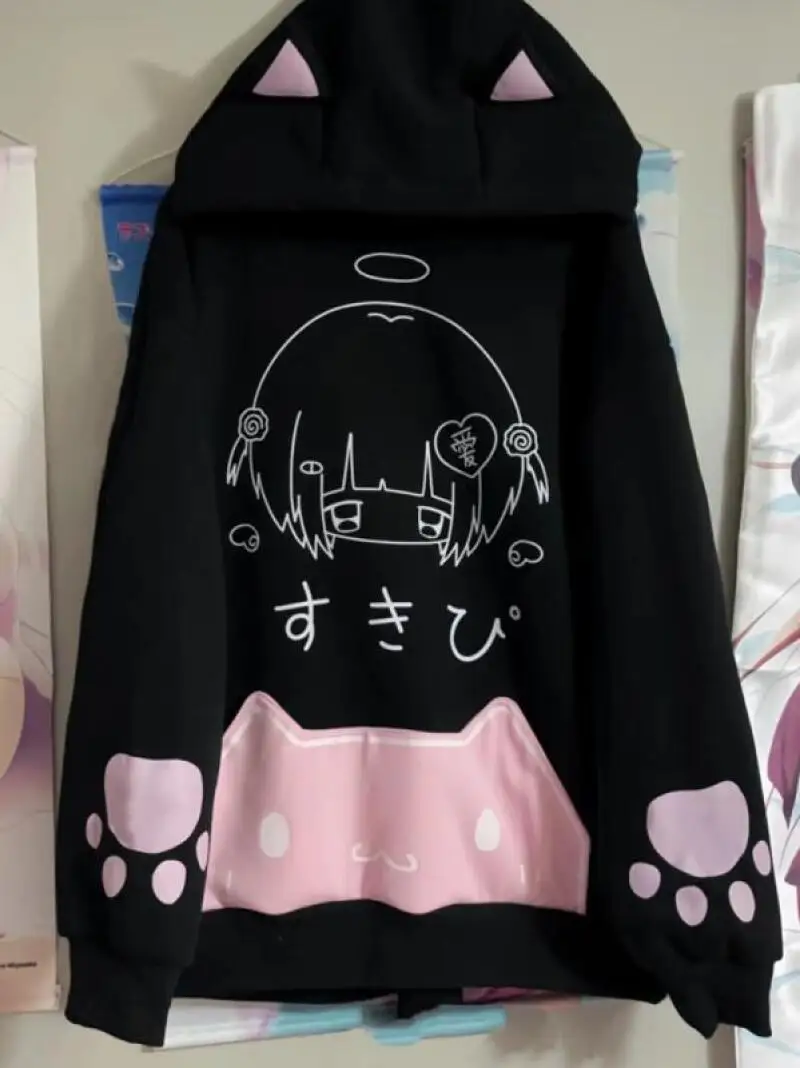 Japanse Y2K Cartoon Print Fleece Hoodies Vrouwen Harajuku Gothic Kat Oren Capuchon Vintage Hoody Streetwear Esthetische Sweatshirt