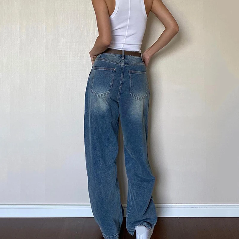 Rimocy 2024 Dark Blue Baggy Jeans Women Grunge Y2K High Waist Wide Leg Denim Trousers Woman Fashion Boyfriend Mom Pants Female