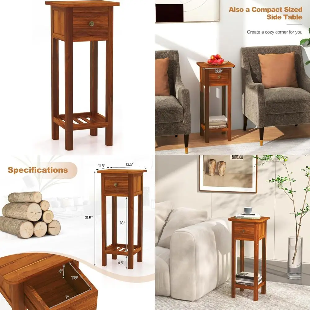 

Slim Acacia Wood Bedside Table with Drawer and Open Shelf for Small Spaces