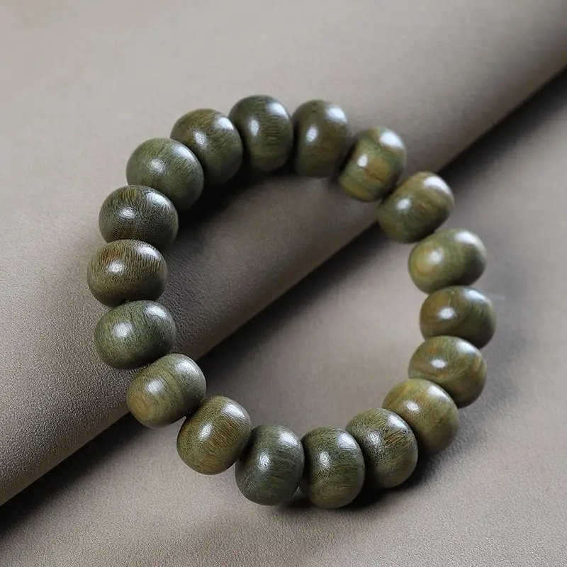 Natural Green Sandalwood Yellow Flower Pear Abacus Beads Bracelet Wooden HandString Jewelry Submerged Old Material Buddha Beads