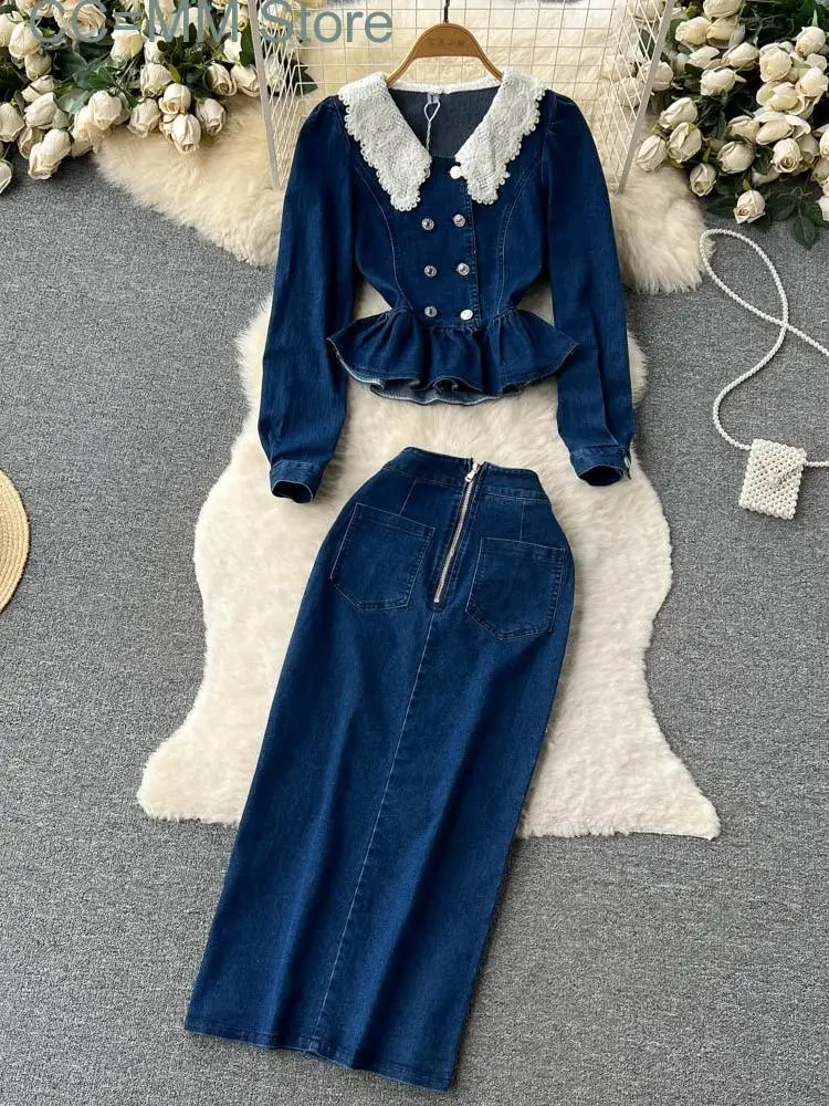 

New Sweet Casual Women Two-piece Set Solid Color Peter Pan Collar Lace Flower Denim Skirt Suit Spring Summer