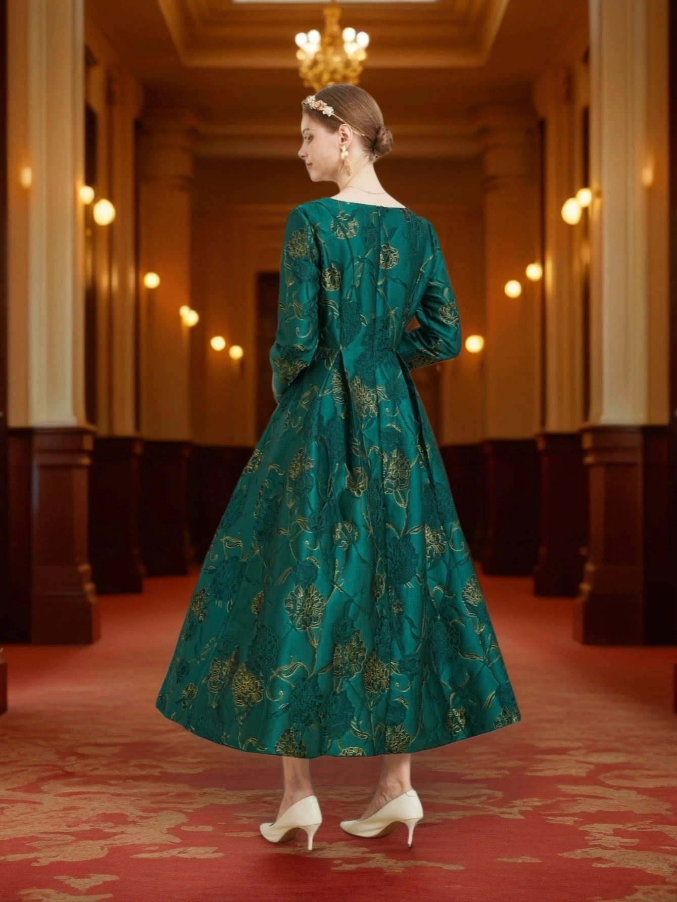 DEVCHATA Vintage mujer vestido Jacquard de manga larga Floral elegante vestido de fiesta para eventos de noche nueva llegada vestido de baile de moda