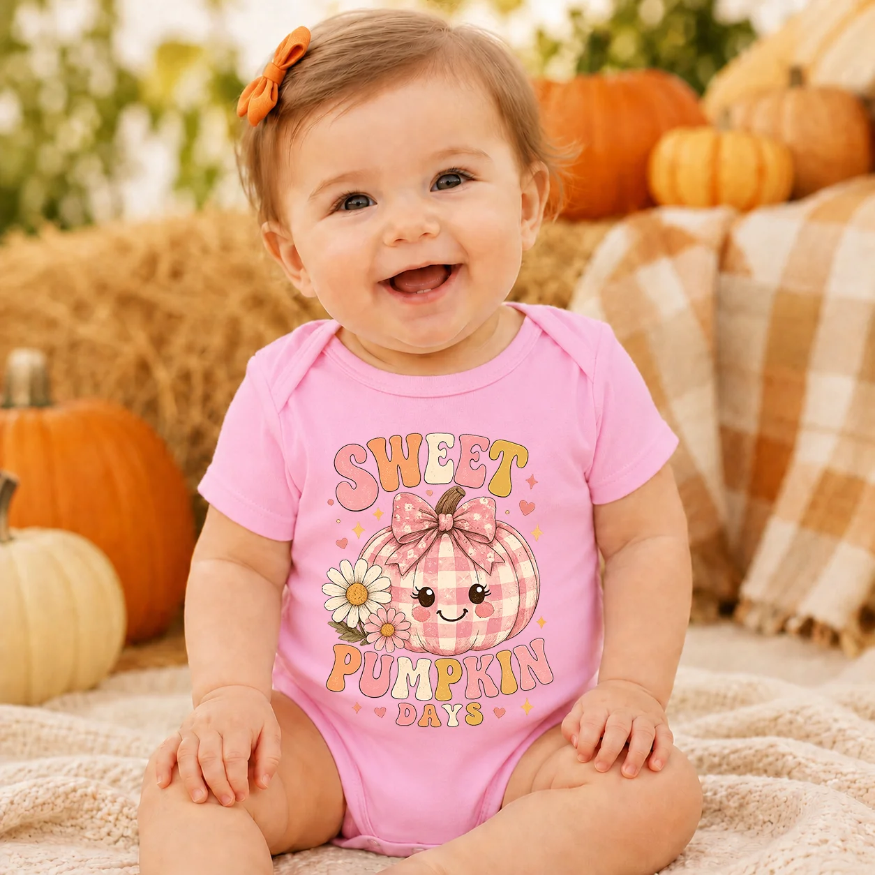 Baby Girl Short Sleeve Bodysuit Sweet Pumpkin Days Print Pink Plaid Pumpkin Daisy Bow Newborn Onesie Autumn Thanksgiving Hallowe