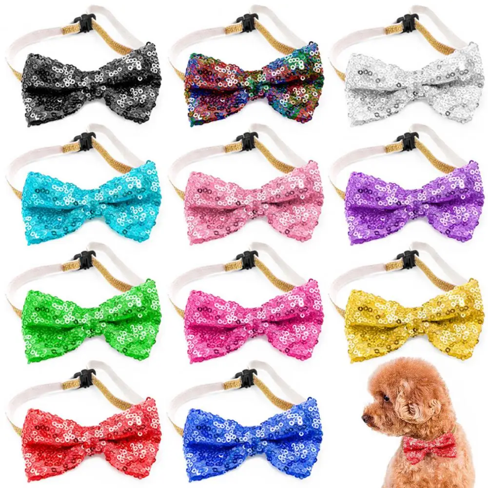 Dog Neck Bow Sequins Shiny Adjustable Cat Puppy Bow-knot Collar With Bell Decorative Bright Kitten Bow Collar Color For Wedding