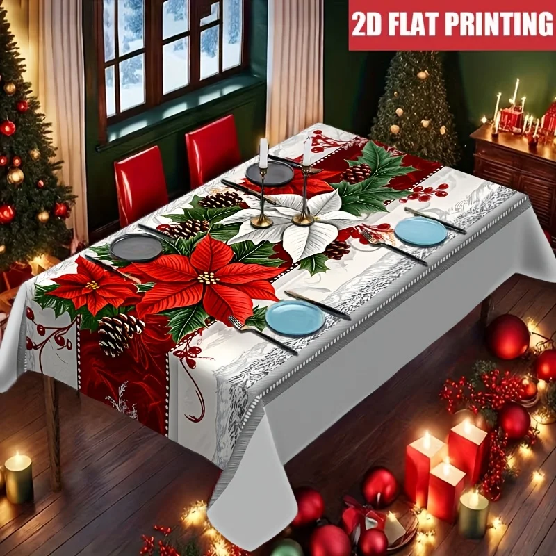 1pc 1pcs Vintage Holiday Tablecloth - Red Potted Flowers, Holly Berries on Elegant White Background - Indoor/Outdoor Festive Dec