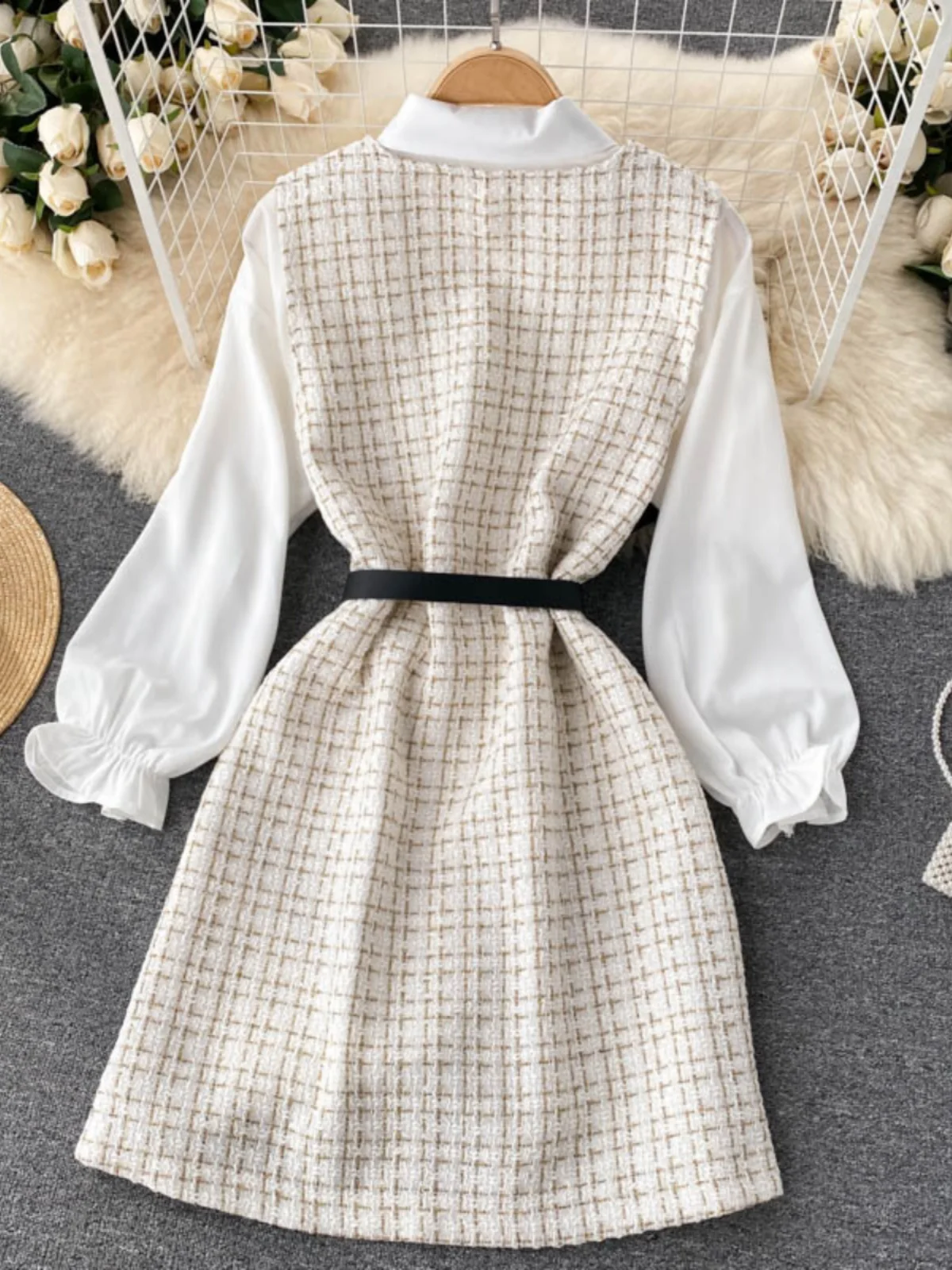 Inizio autunno New Sle Bubble da donna Sve irt e gonna scozzese Set in due pezzi Abito da donna Faionable ed Ele
