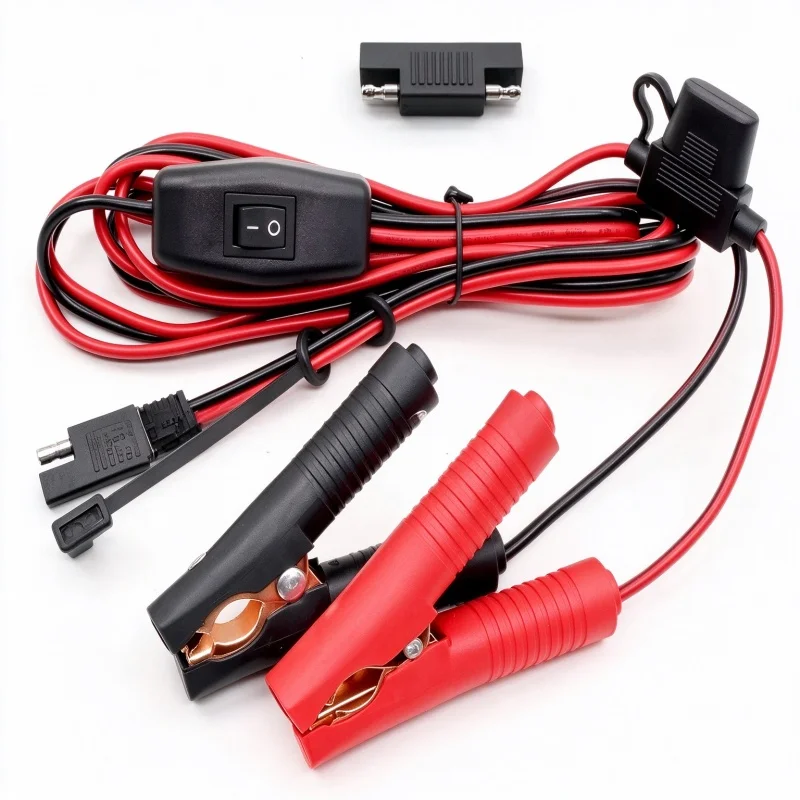 12AWG SAE to Half Cover Alligator Clip Cable with ON/OFF Switch Blue Inline Fuse & SAE Adapter for Battery Charging Solar RV