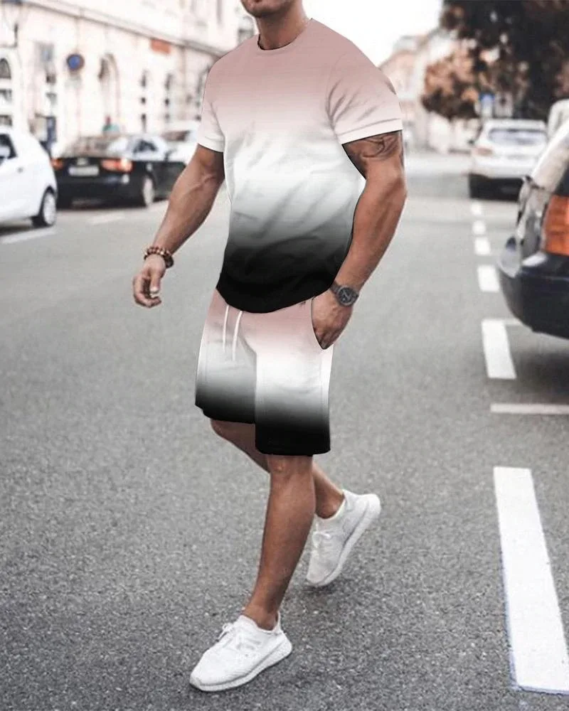 Sommer männer Anzug Farbverlauf Druck männer Kleidung 2 Stück Outfit von Sportswear Kurzarm Streetwear Fashion T-shirt set