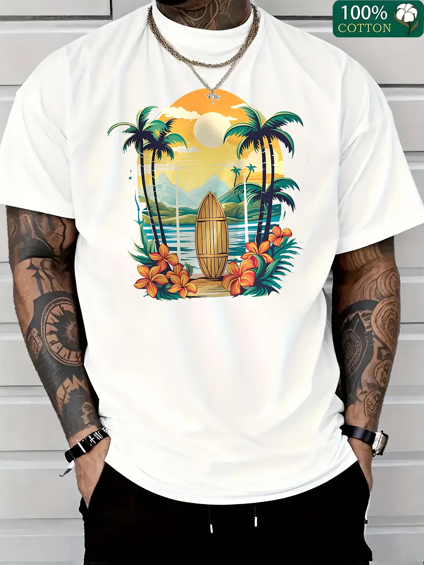

Coconut tree palm tree and sunset print Mens casual trendy Tshirt suitable for springsummer holidays leisure wear family outings