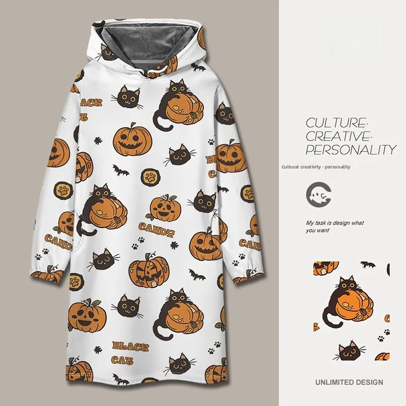 loween Cartoon Face Pumpkin Smile Long Sve Sweatirt Dr Women's Outerwear Casual Mid-Length A-Line Skirt