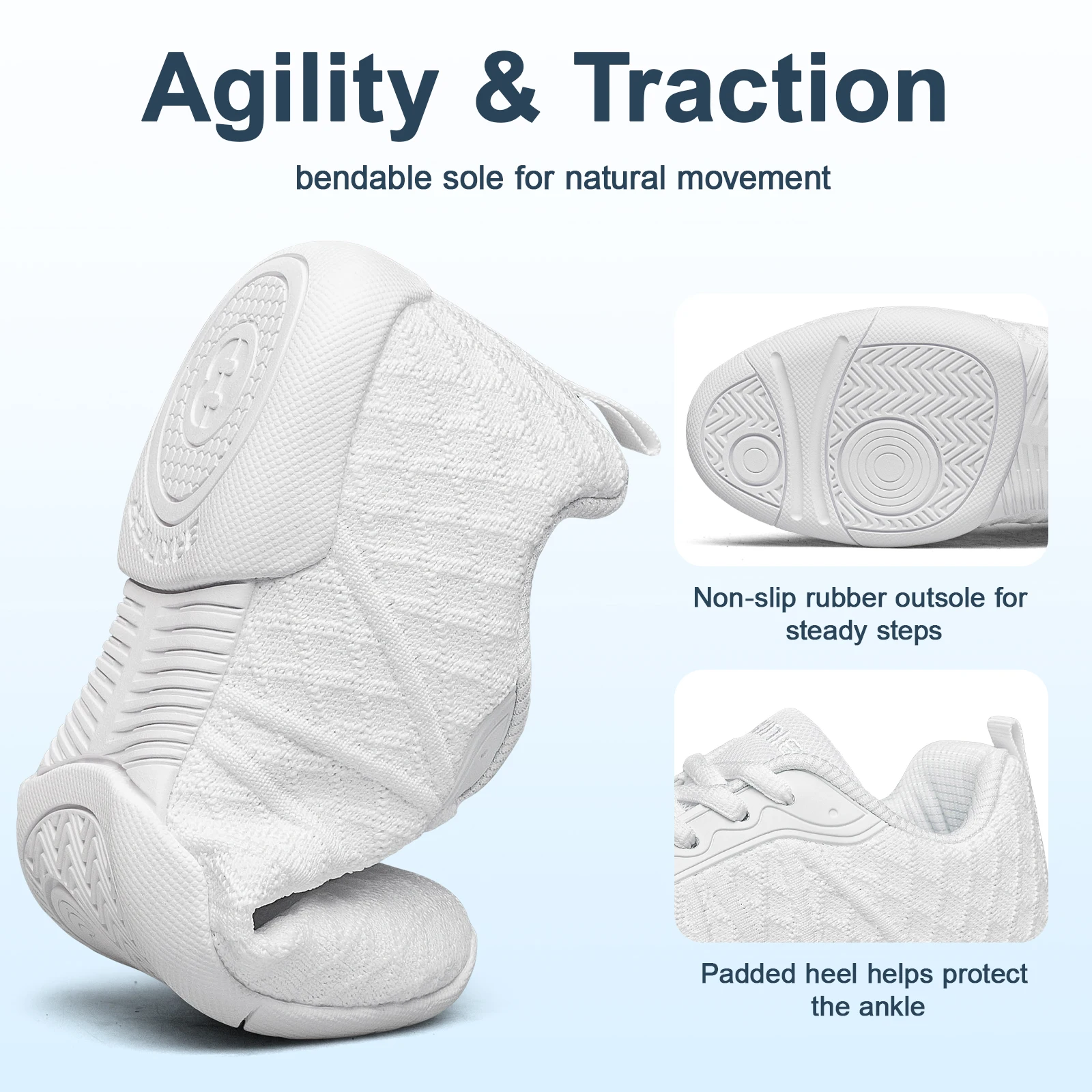 BAXINIER Kids White Cheer Shoes Breathable Mesh Upper Lightweight Athletic Training Sneakers Anti-Slip Rubber Outsole Padded Heel Ankle Protection