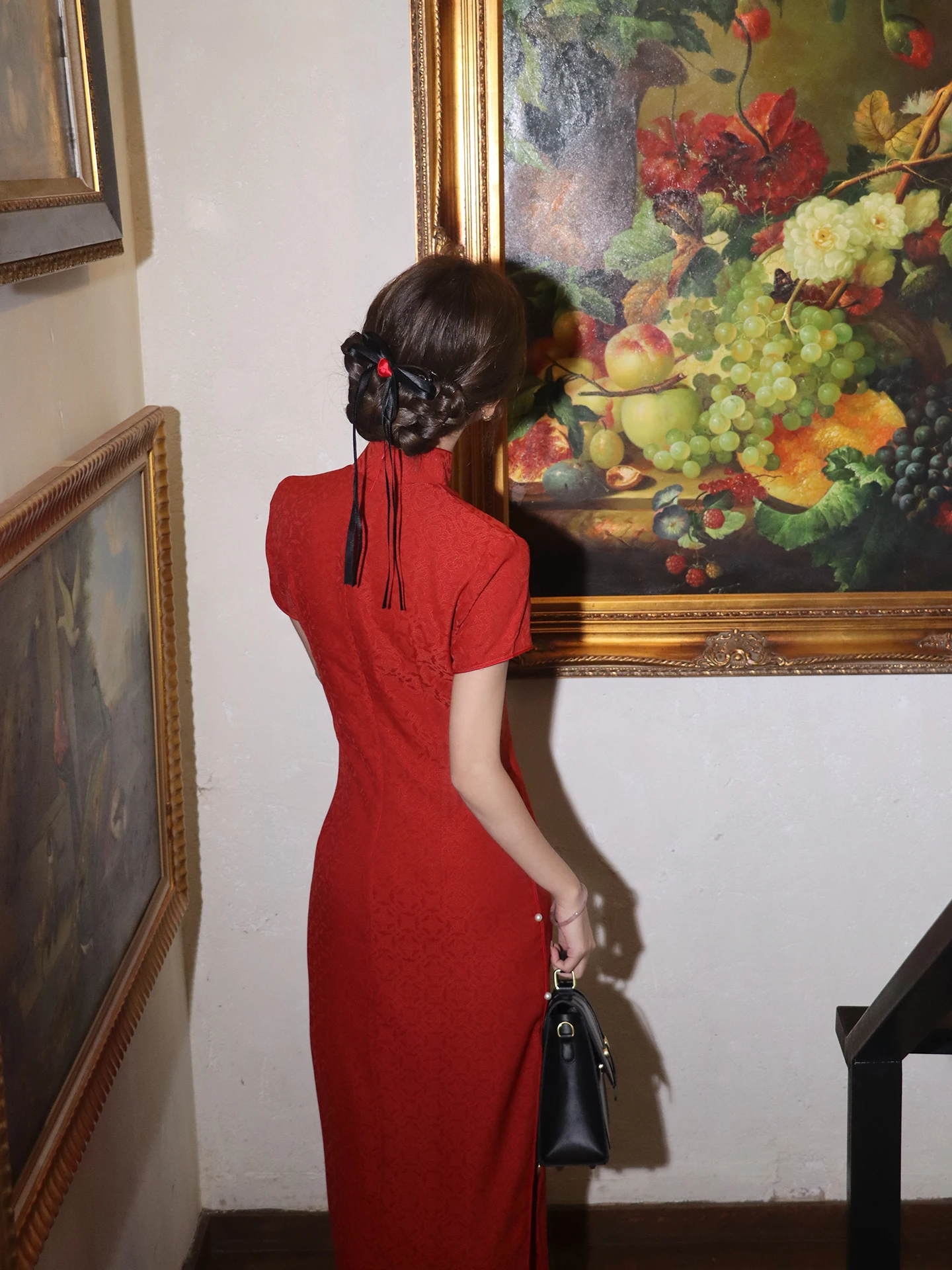 

Elegant Red Wedding Full Open Collar Bride Dress High Slit Polyester Fiber Short Sleeve Long Skirt Breathable