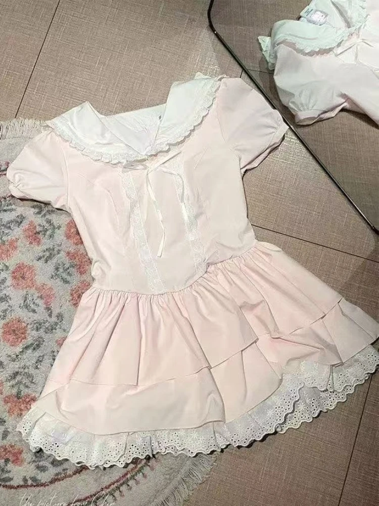 Sweet SAILOR COLLAR Slim ผู้หญิงชุดลูกไม้ Kawaii แขนสั้น Fluffy ชุดใหม่ Harajuku แฟชั่น Fairy เสื้อผ้าฤดูร้อน 2025