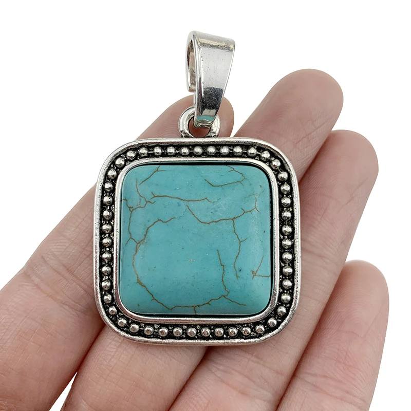 2Pcs Antique Silver Color Large Imitation Turquoise Stone Charms Pendants for DIY Necklace Jewellery Making Findings Accessories