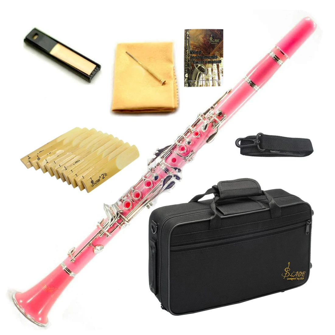 

SLADE Clarinet Bb Flat 17 Nickel Key Pink Clarinet for Beginners Comes with 2 Gun Barrels Hard Shell and Clarinet Cleaning Kit