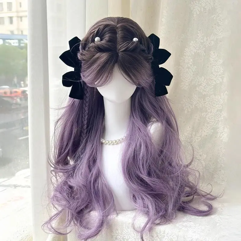 

Lolita gray purple gradual change Princess style wig medium long hair big wave long curly hair cos couple hair color full hood