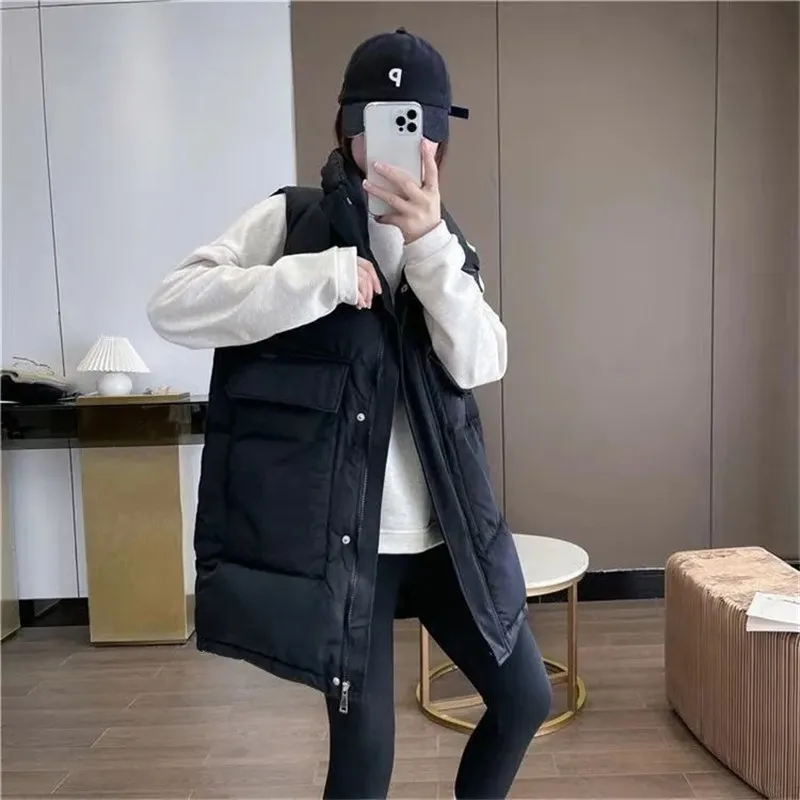 2023 New Women\'s Vest Jacket Down Cotton Vest Autumn Winter Jacket Thicken Loose Long Coat Female Sleeveless Waistcoat Snow Wear