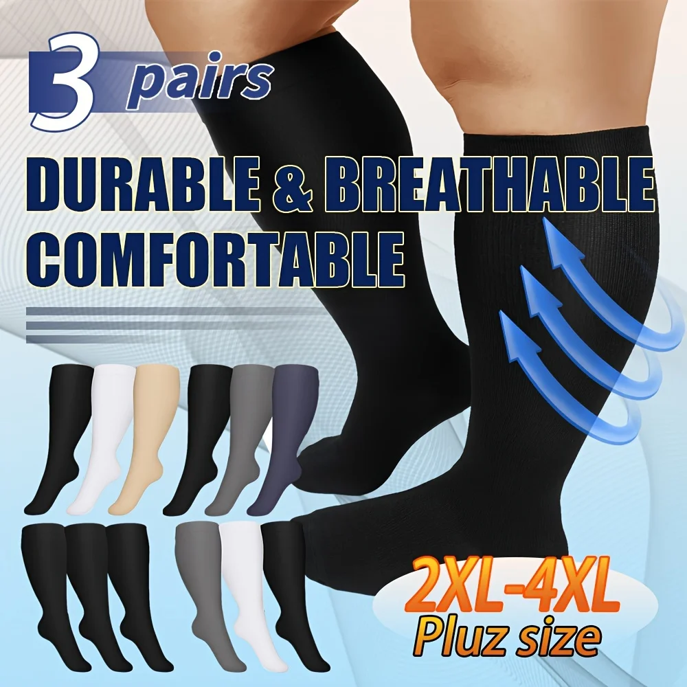 

Нейлоновые компрессионные чулки больших размеров 2XL 3XL 4XL, очень большие компрессионные чулки для медсестер, женские и мужские носки, 3 пары