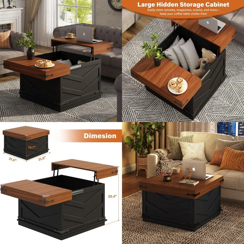 31.5 Inch Lift Top Coffee Table with Sliding Square Center and Large Hidden Storage