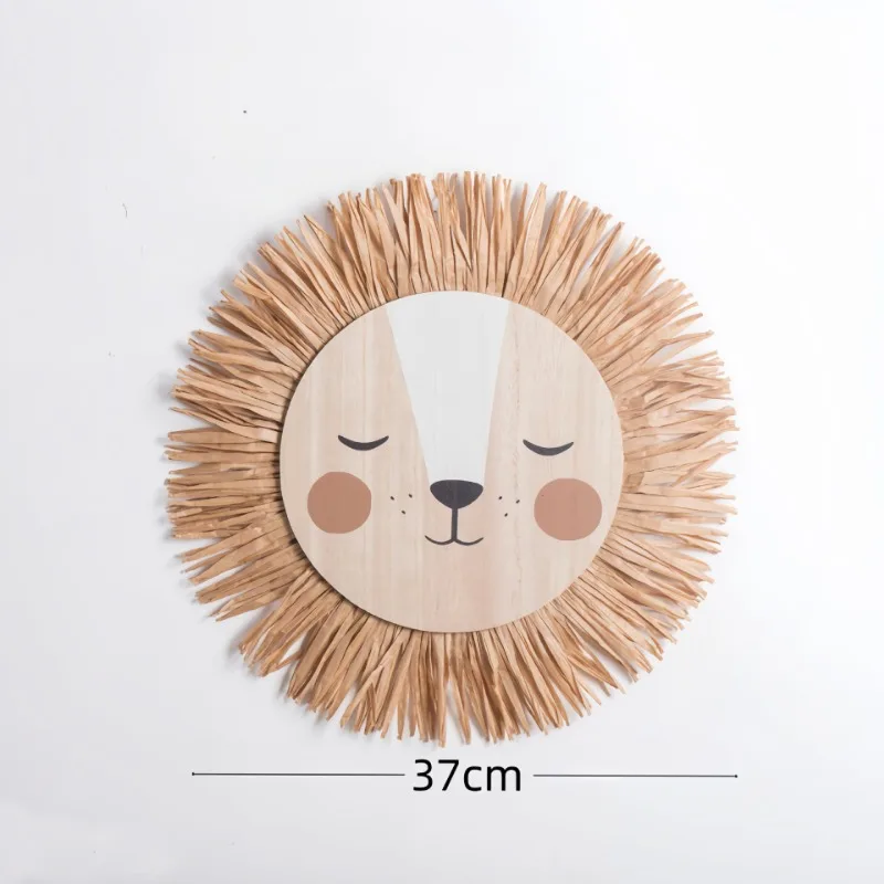 Nordic Nursery Decor Children’s Room Cartoon Lion Tiger Head Pendant Colorful Handmade Woven Wall Hanging Home Decoration