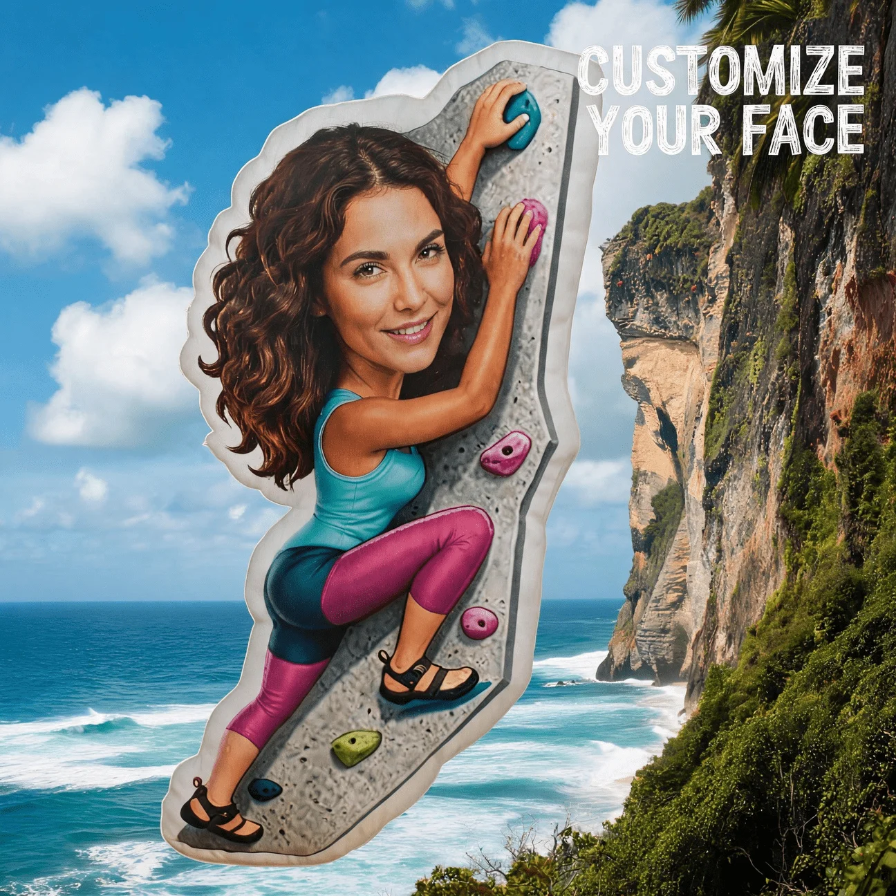 Custom Photo Rock Climbing Shaped Pillow, Personalized Face Decorative Cushion with Sporty Outfit, 70CM Home Decor Accent for So
