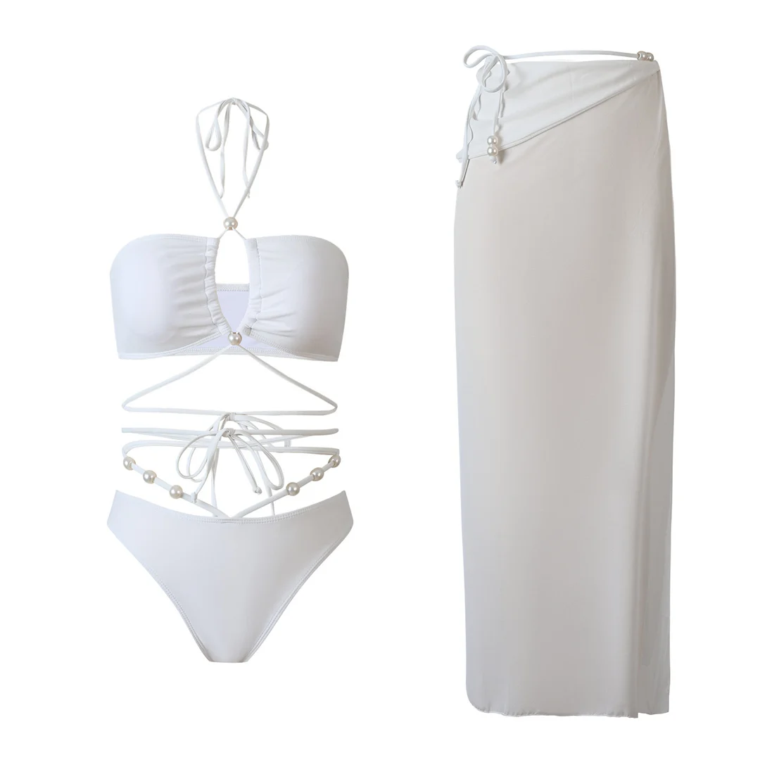 Perlenbesetzter Wickel-Bikini mit Rock, Damen-Badeanzug, dreiteiliges Bikini-Set, Badebekleidung, Badeanzug, Modell V6098 – Detail 2