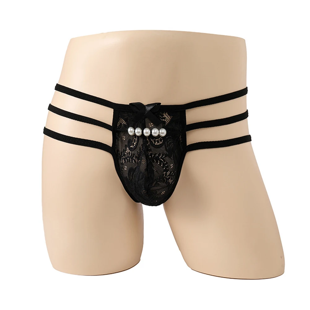 Sexy Men Briefs Cross Strap Men Thong Sheer Underwear Low Rise G-String Panties Lace See-Through Knickers Sexy Hollow Out