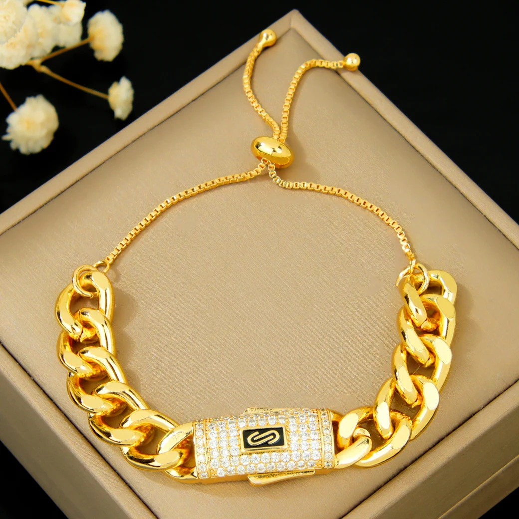 Italienisches Zirkonia Hip-Hop Armband 21k Vergoldet Dubai Punk Kubanisch Verstellbare Armbänder Arabische Muslimische Frauen Event Party Schmuck – Detail 9