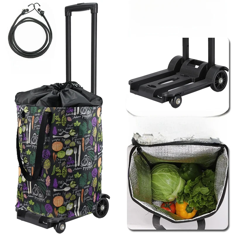 ポータブル折りたたみ式ショッピングカート、四輪、格納式ハンドル、野菜購入用小型トロリー、家庭用カート