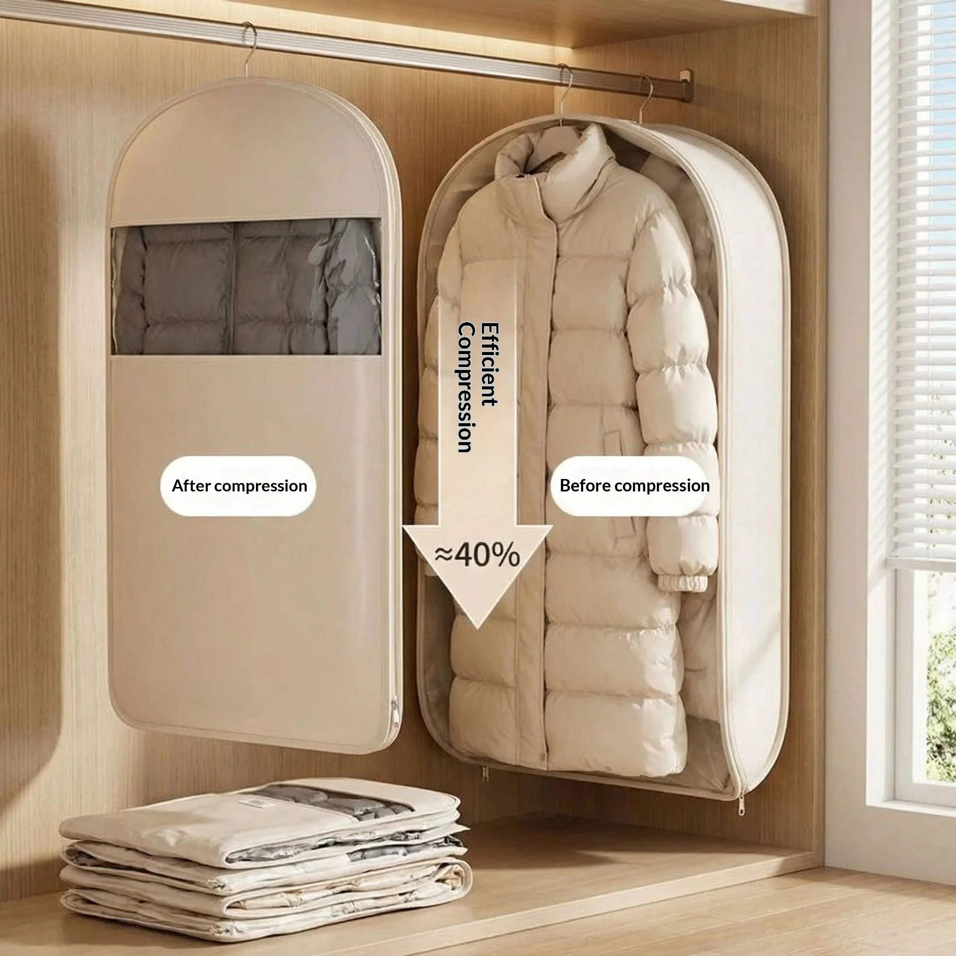 S/M/L down Jacket Compression Bag Dust Cover Household Visible Clothes Storage Hanging Organizer for Wardrobe