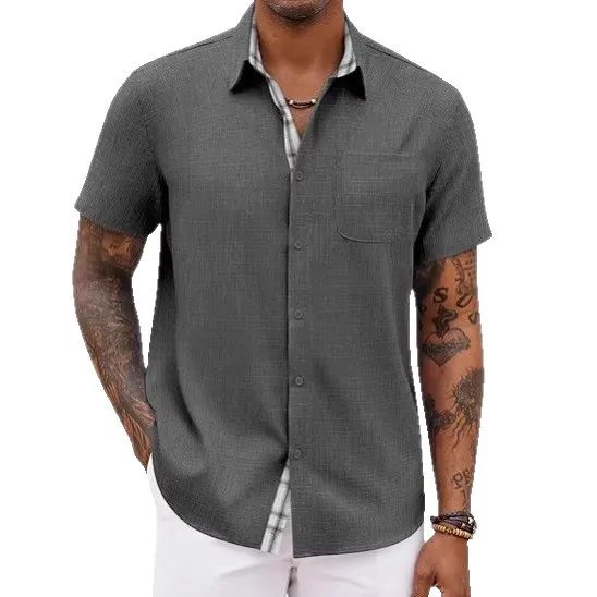 Men's Cotton Linen Casual Shirt Summer Color Contrast Slim Fit Double Layer Design 2026 Fashion Short Sleeve Tops with Pockets