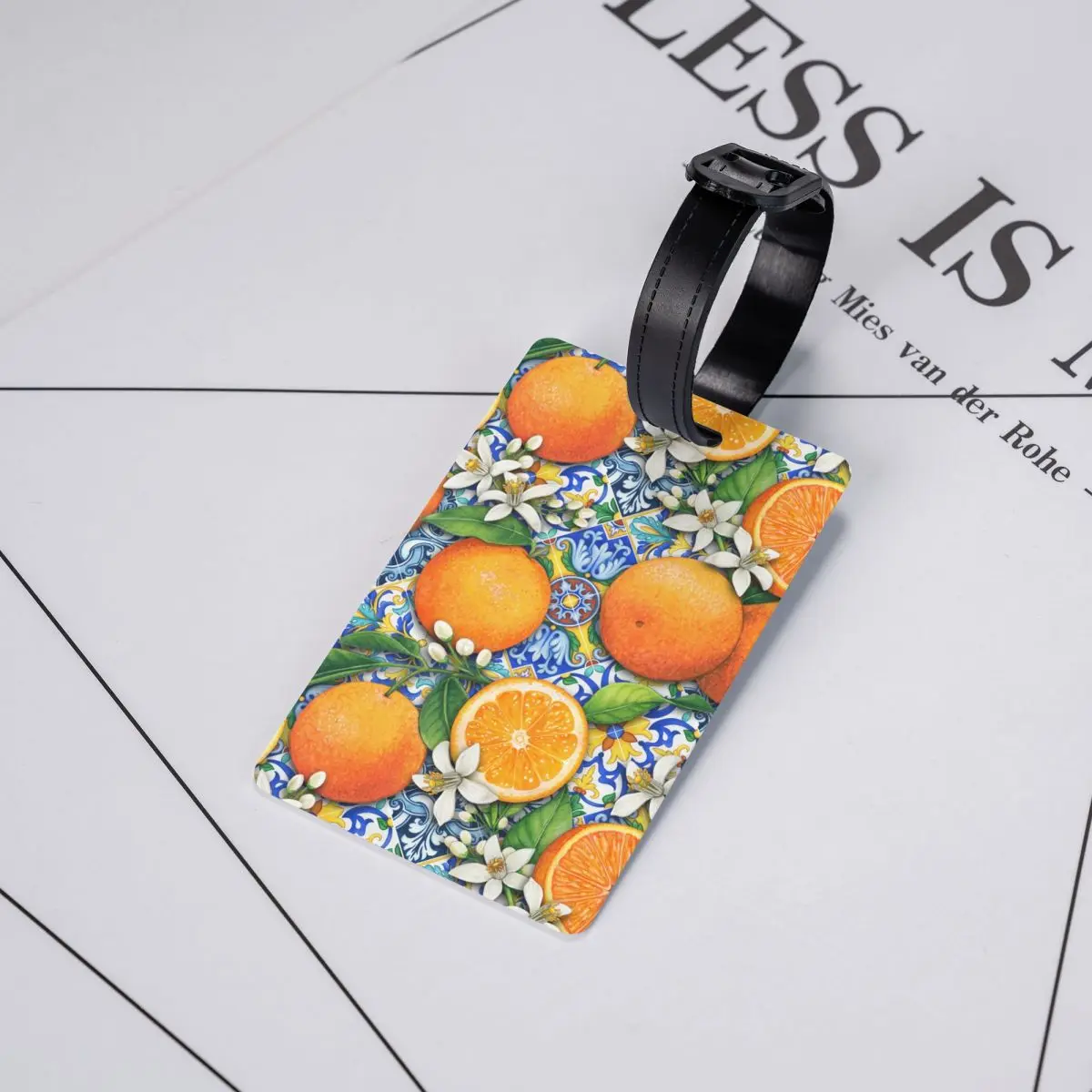 Etiqueta de equipaje personalizada de azulejos de limones y frutas de verano mediterráneo con tarjeta de nombre, cubierta de privacidad, etiqueta de identificación para bolsa de viaje, maleta