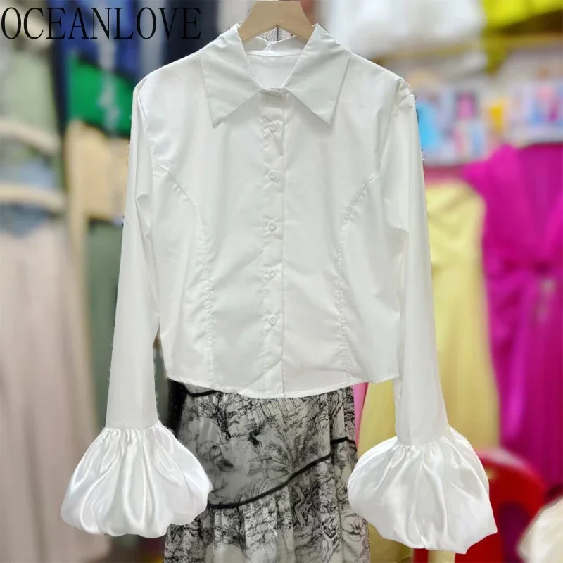 

OCEANLOVE женские рубашки и блузки однотонные расклешенные рукава винтажные женские элегантные милые корейские Фотообои