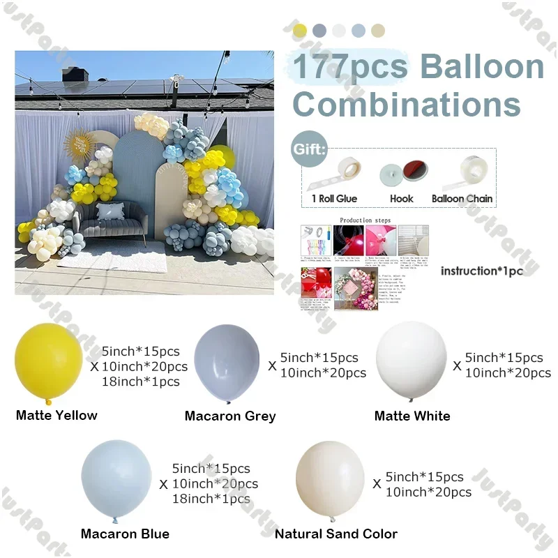 177 White Yellow Blue Balloon Garland Kit Pastel Baby Shower Boys 1st Birthday Here Comes the Son Backdrop Gender Reveal Decor