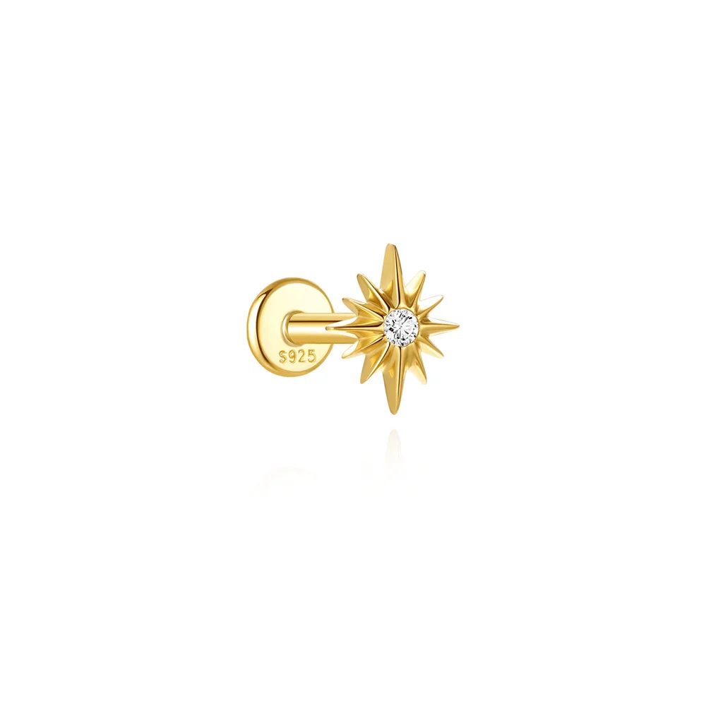 CANNER 925 Sterling Silver Gold Plated Star Flower CZ Hoop Piercing Set Tragus Cartilage Helix Stud Earrings Classic Dating Gift