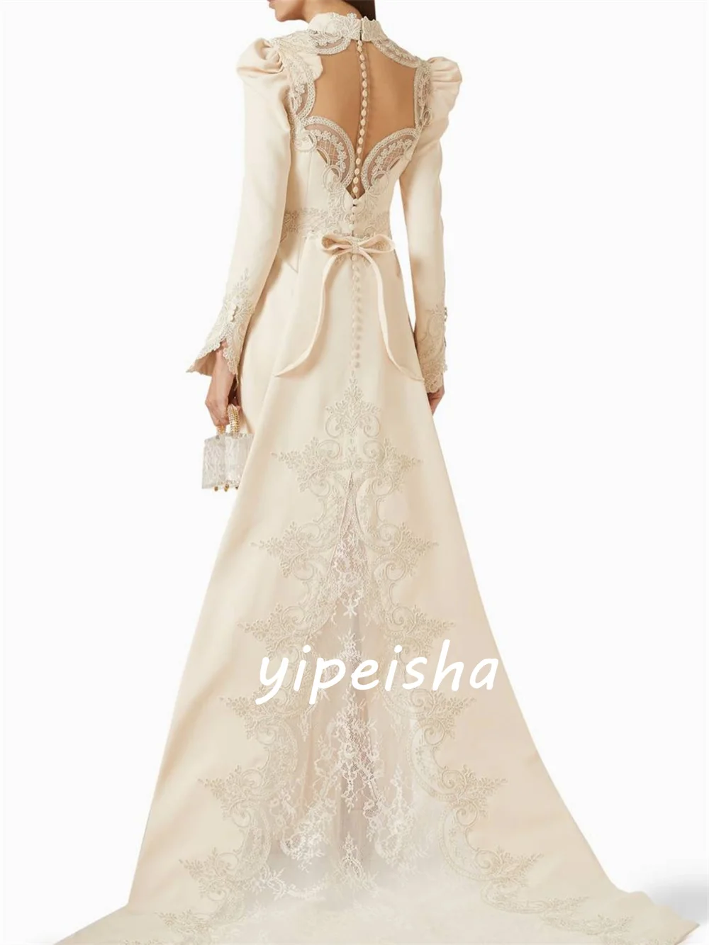 Customized Jersey Modest Fashion Lace Button Bow Straight Square Neck Long Dresses Evening Dresses Exquisite High Quality