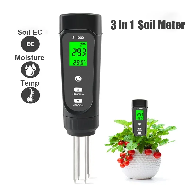 New 3 in 1 Soil EC Salinity Moisture Meter Temperature Humidity Tester Analyzerb Hydroponic Garden Farm Planting No Calibration