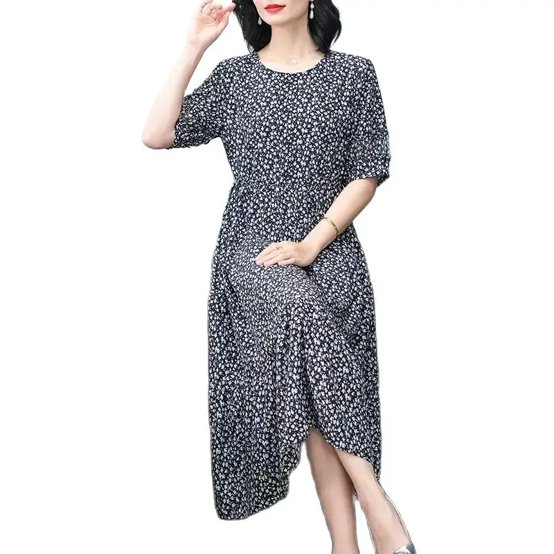 BirdTree, 100%Real Silk Eleagnt Dresses, Women Half Sleeve Printed, Temperament  Oversize Mom Dress, 2024 Summer New D44820QC