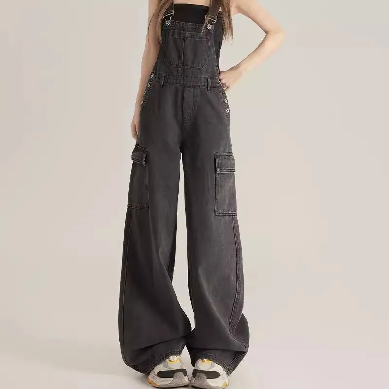 Vintage Black Gray Cargo Denim Overalls Women New Loose Casual Wide Leg Jumpsuit Straight Trousers