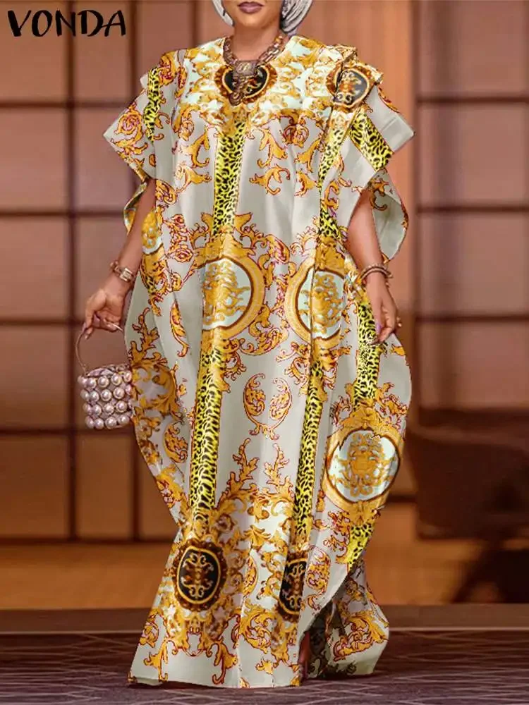 

VONDA Plus Size 5XL Fashion 2025 Elegant Satin Dress Maxi Long Dress Sexy Printed Patchwork Bat-wing Sleeve Vestidos Ruffle Robe