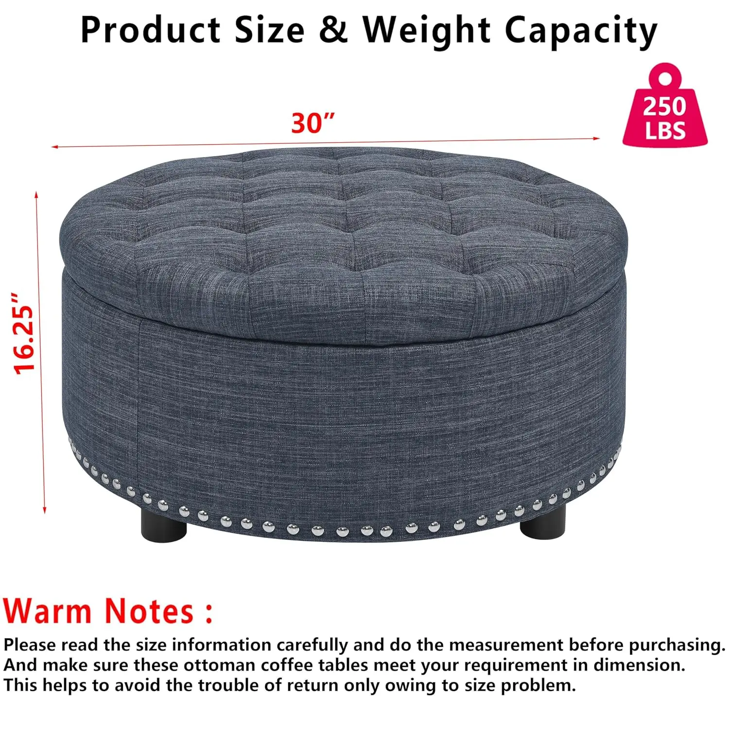 Tufted Round Storage Ottoman Nailhead Trim 30
