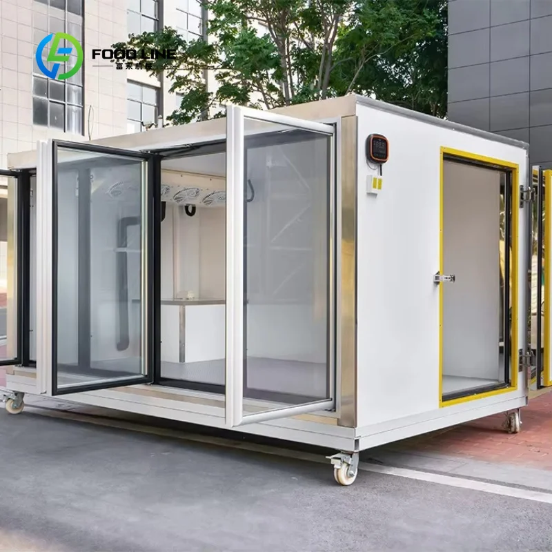 Customized Transparent Glass Door Portable Cold Storage Warehouse, Movable Wheeled Refrigeration Room for Food