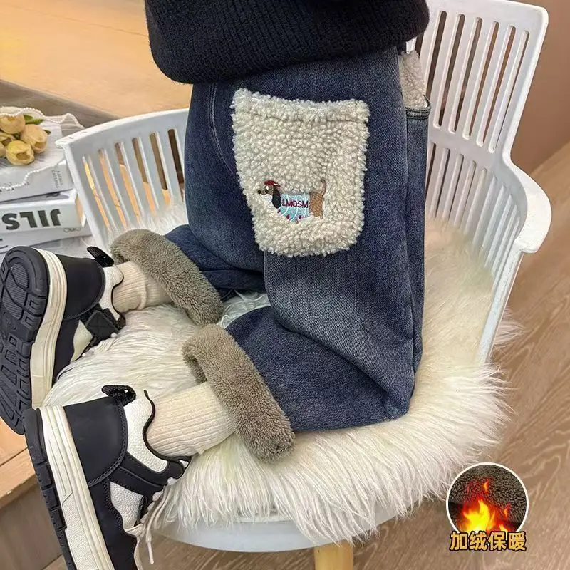 

Children's Velvet Jeans New Girl's Loose Casual Pants Winter Girl's Alpaca Velvet Thick Pants1-8 Years