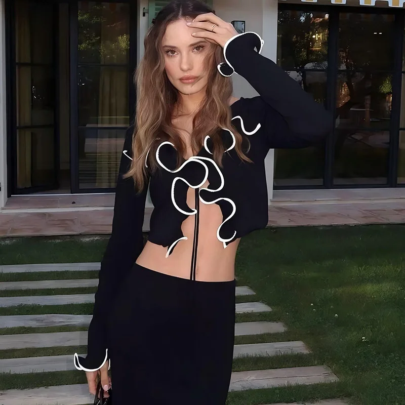 

2025 Autumn New Spice Girl Style Cardigan Lace-up Navel Sexy Long-sleeved Wavy Edge Short Women's Top Tops