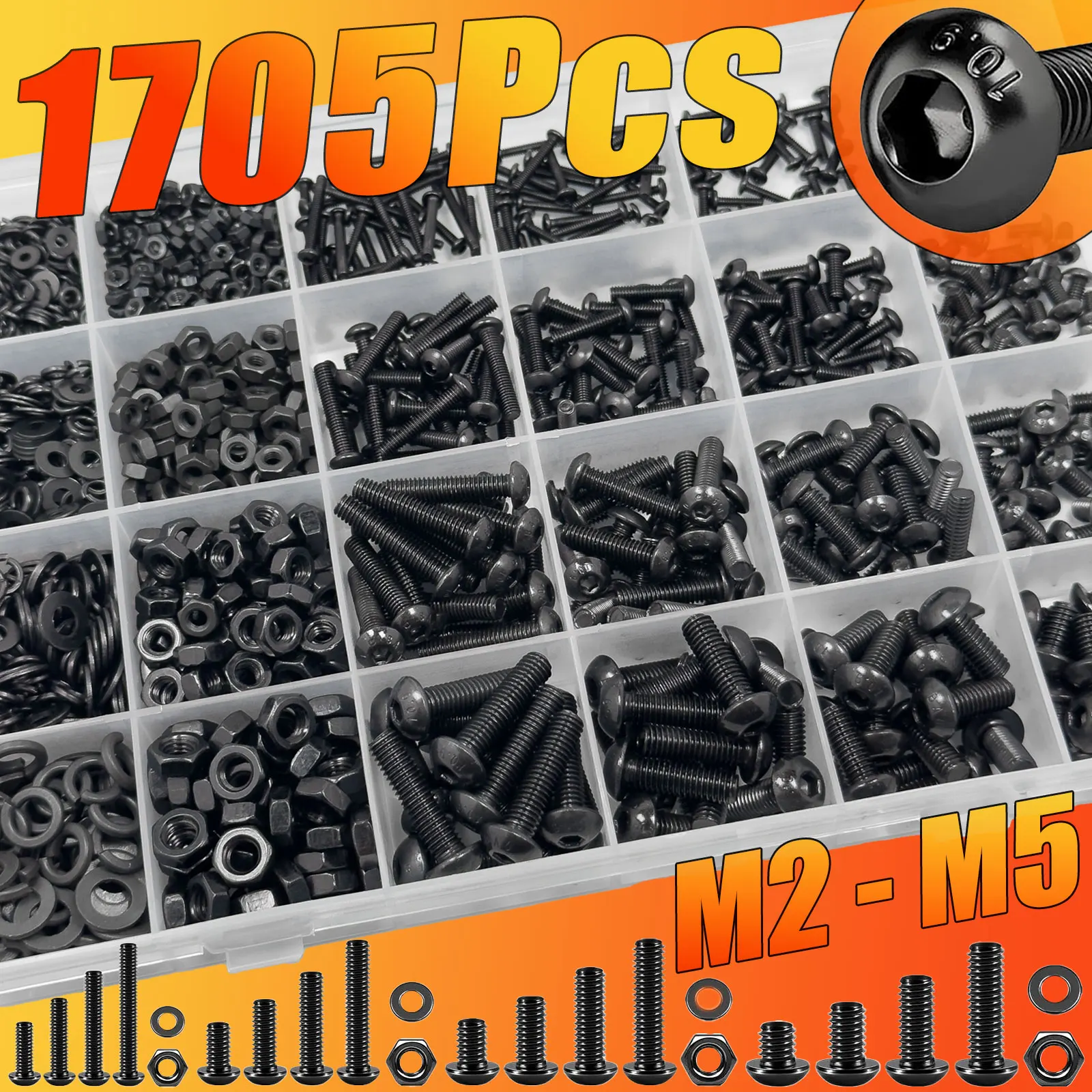 1705PCS Hex Button Head Screw Kit - M2 M3 M4 M5 Bolts Nuts, Lock/Flat Washers, 10.9 Steel, Storage Case for DIY & Repair