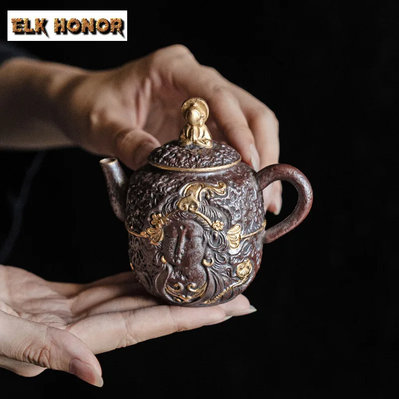 130ml Dunhuang Coarse Pottery Teapot Zen Gilded Relief Teapot Tea Brewing Kettle With Filter Elegant Tea Making Teaware Craft