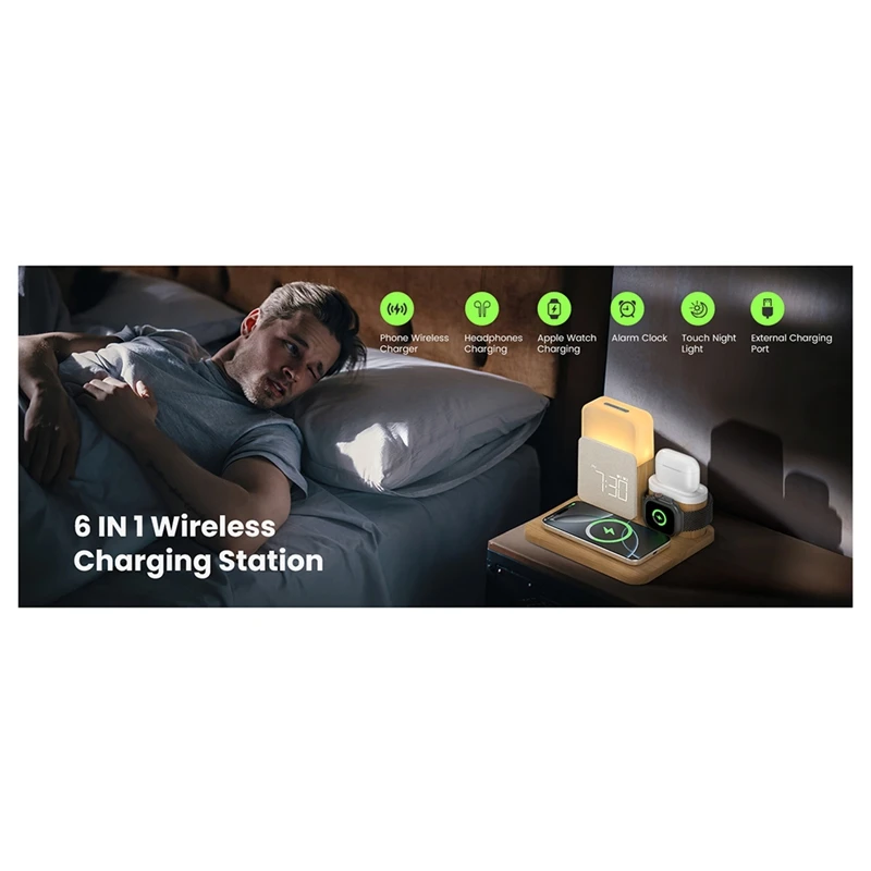 7 in 1 Multi-Functional Alarm Clock Charger-Wireless Station for Smartphone Smartwatch Headphones with Night Light [IANC-]
