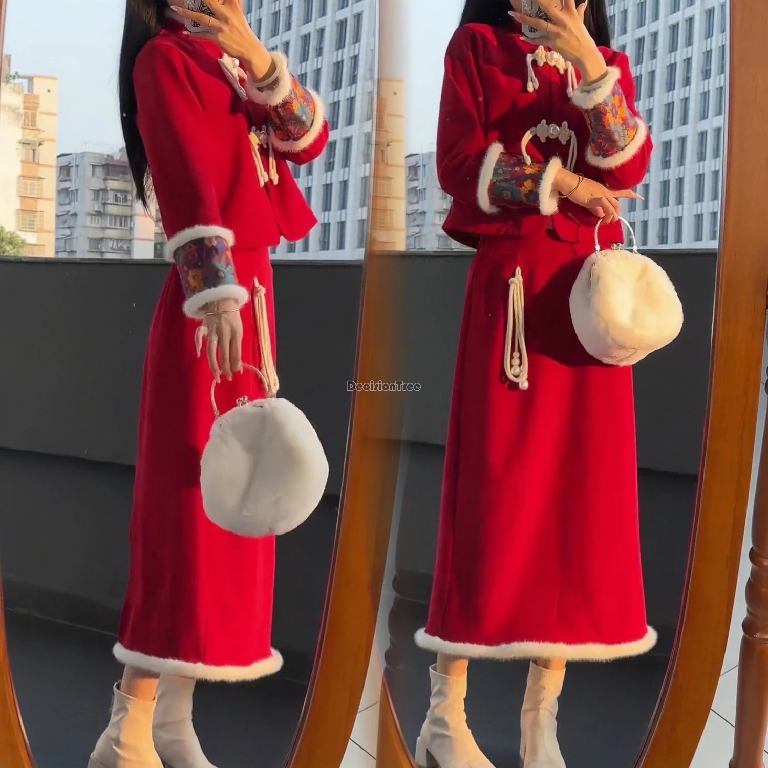 2024 dazzling red chinese style spring festival clothing set winter thicken warm cotton qipao suit graceful literature art set